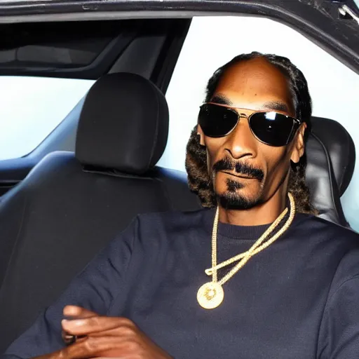 Image similar to Snoop Dogg is sitting in a police car wearing a cap C-11