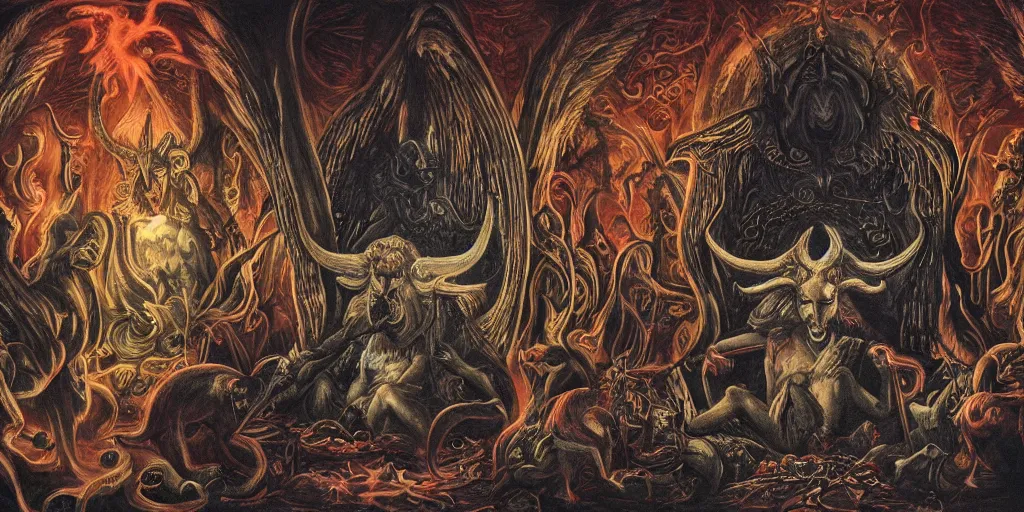 baphomet surrounded by occult symbols sitting on a | Stable Diffusion