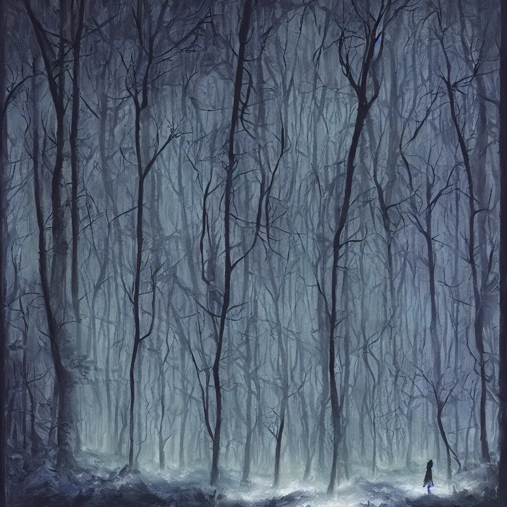 Image similar to a dark enchanted lush winter forest at night, upward cinematic angle, by p. craig russell, michael kaluta, charles vess, bill sienkiewicz and greg rutkowski, ghostly low light, stunning composition, intricate, elegant, digital art, hyperdetailed, colorful hyperrealism, sharp depth of field, 8k