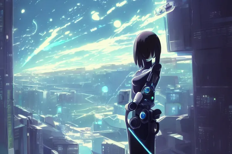 Prompt: makoto shinkai. robotic android girl. futuristic cyberpunk. dystopia. vibrant nebula sky.... robotic wired arm