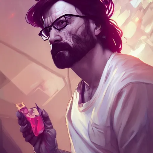 Prompt: high quality illustration, walter white realistic portrait, cyberpunk, alphonse mucha, riot game, beautiful, epic composition, alexandre bourlet, arcane, lois van baarle, league of legend, digital painting, james jean, dynamic colors, greg rutkuwsky, artstation, concept art, neon