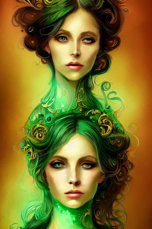 Prompt: a magic the gattering portrait illustration of a woman , fantasy, gradient black green gold, dreamy and ethereal, green eyes, golden ratio, peaceful expression, ornate frilly dress, fantasy, intricate, elegant, ghost, etearal, highly detailed, digital painting, artstation, concept art, smooth,b sharp focus, illustration, art by scott fisher AND artbreeder