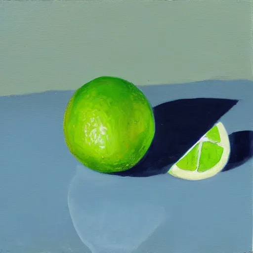 Image similar to oil painting of an ice cube in front of a slice of lime.