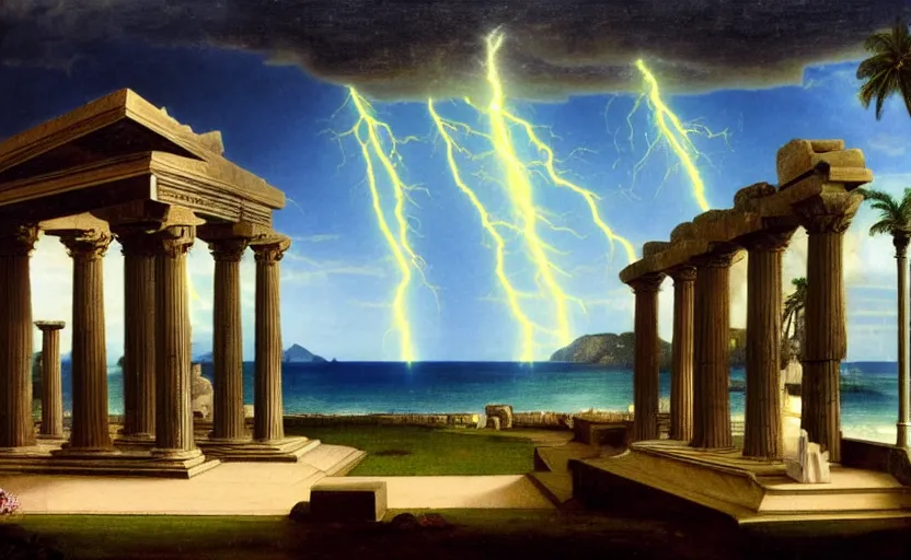 Image similar to Doric temple on front of balustrade and palace columns, refracted lightnings on the ocean, thunderstorm, tarot cards characters, beach and Tropical vegetation on the background major arcana sky and occult symbols, by paul delaroche, hyperrealistic 4k uhd, award-winning, very detailed paradise