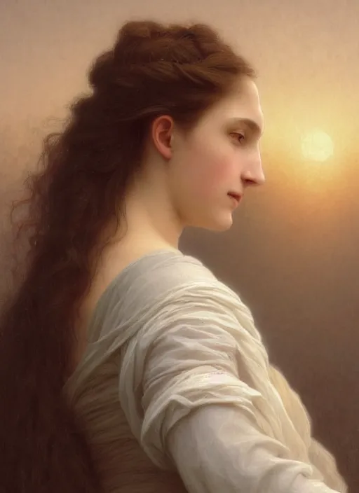 Image similar to oil painting close up portrait of a contemplative young provencale woman with long dark flowing hair in a dress made of white roses!! at sunset, hazy, digital art, chiaroscuro, artstation, cinematic, golden hour, digital art painting by greg rutkowski, william - adolphe bouguereau, hazy atmosphere, cinematic lighting