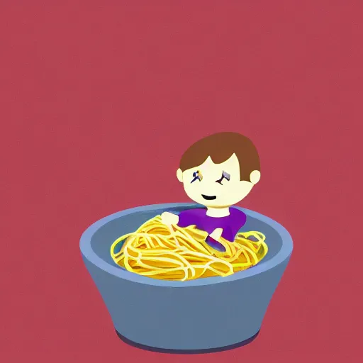 Prompt: A tiny man sitting in a bowl of spaghetti, digital art