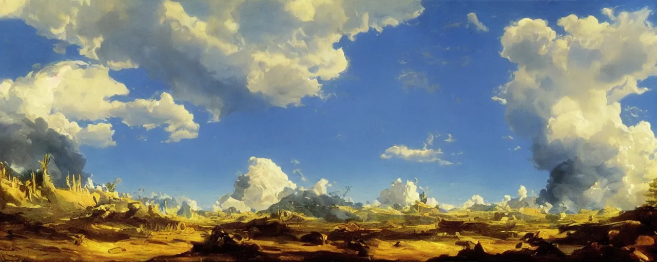 Image similar to disney illustrated background of blue sky huge clouds by eugene von guerard, ivan shishkin, john singer sargent