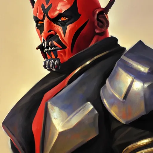 Image similar to greg manchess portrait painting of armored darth maul as overwatch character, medium shot, asymmetrical, profile picture, organic painting, sunny day, matte painting, bold shapes, hard edges, street art, trending on artstation, by huang guangjian and gil elvgren and sachin teng