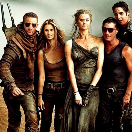 Prompt: The cast of Friends in Mad Max Fury Road (2015) dynamic action battle