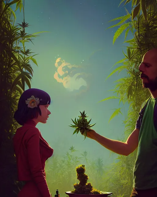 Image similar to highly detailed surreal vfx portrait of a marijuana weed cult, stephen bliss, unreal engine, greg rutkowski, loish, rhads, beeple, makoto shinkai and lois van baarle, ilya kuvshinov, rossdraws, tom bagshaw, alphonse mucha, global illumination, detailed and intricate environment