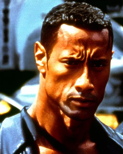 Image similar to Film still close-up shot of Dwayne Johnson in the movie Terminator 2. Photographic, photography