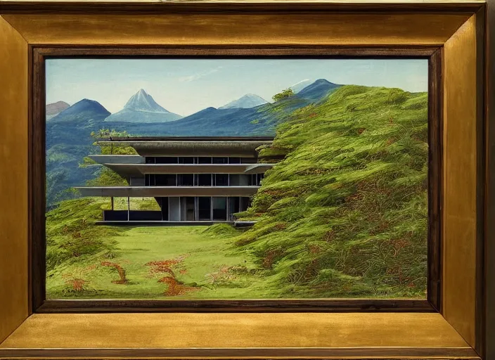 Image similar to painting of a tadao ando house in front of beautiful mountains by thomas cole