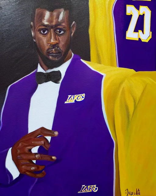 Prompt: president in los angeles lakers suit, oil on canvas