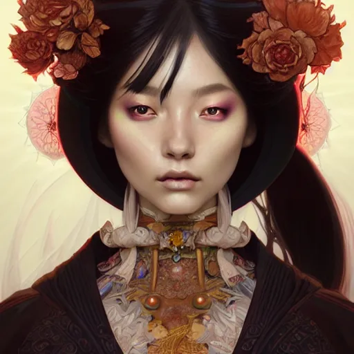 Prompt: Portrait of a female necromancer, japanese face features, fantasy, intricate, elegant, highly detailed, digital painting, artstation, concept art, smooth, sharp focus, illustration, art by Sam Youn and Fernanda Suarez and Artem Demura and alphonse mucha