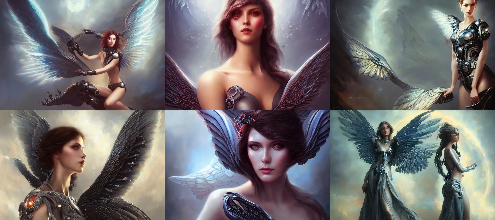 Prompt: a beautiful woman with cybernetic wings, painted by artgerm and tom bagshaw, fantasy art, dramatic lighting, highly detailed oil painting