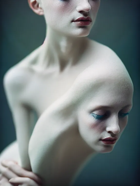 Image similar to cinestill 5 0 d photo portrait of a beautiful hybrid woman in style of paolo roversi by roberto ferri, translucent weird marble body intricate detailed, intricate dreamy marble ornamental hair, 5 0 mm lens, f 1. 4, sharp focus, ethereal, emotionally evoking, head in focus, volumetric lighting, matt tonal colors outdoor