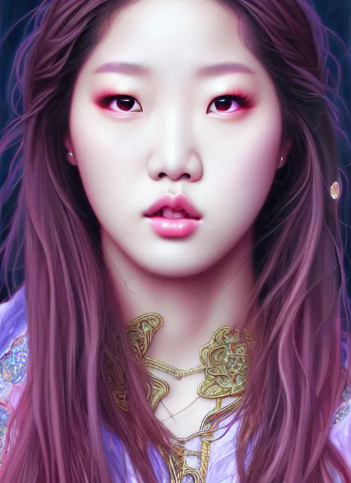 Image similar to roseanne park of blackpink, goddess, tarot card, highly detailed, digital painting, smooth, sharp focus, illustration, ultra realistic, 8 k, art by artgerm and alphonse mucha