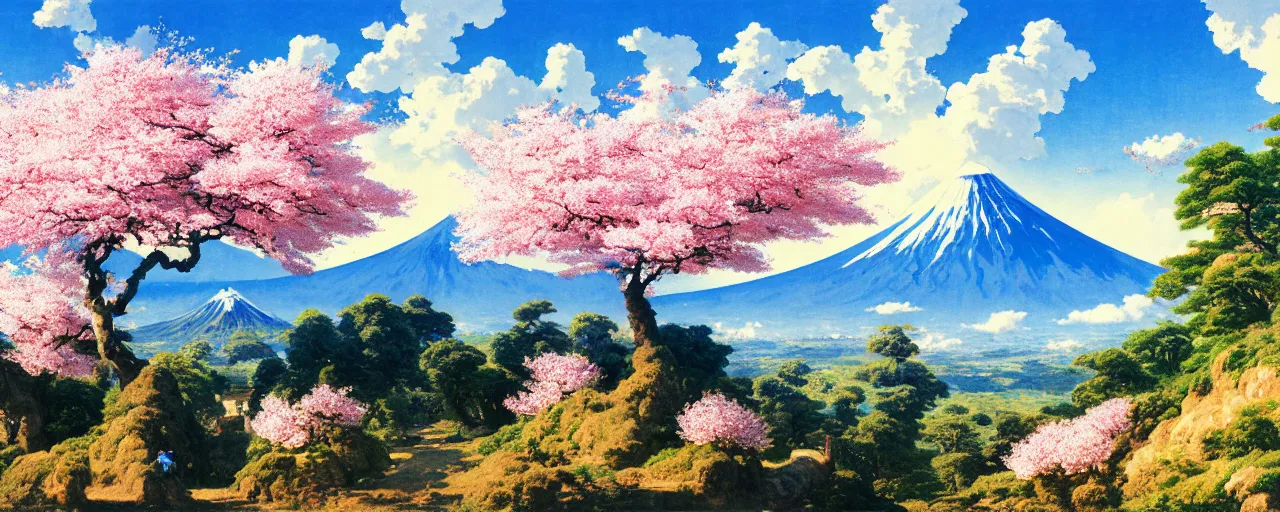 Prompt: ghibli illustrated background of a strikingly beautiful blue sky with puffy white clouds over a volcano with cherry blossom by eugene von guerard, ivan shishkin, john singer sargent, 4 k