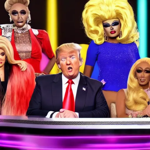 Image similar to donald trump as a guest judge on ru paul's drag race