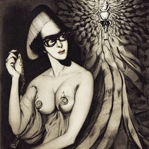 Prompt: portrait of bayonetta by goya and escher and hogarth, illusion surreal art, highly conceptual figurative art, intricate detailed illustration, controversial poster art, polish poster art, geometrical drawings, no blur