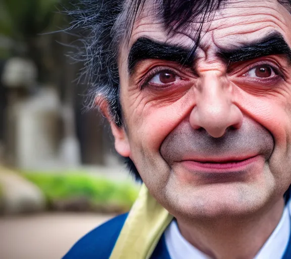 Image similar to award winning 5 5 mm close up portrait photo of mr bean as songoku, in a park by luis royo. soft light. sony a 7 r iv