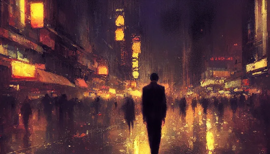 Image similar to symmetrical! portrait of a tired man walking in a big city at night by craig mullins, atmospheric, vivid, masterpiece, bokeh, messy