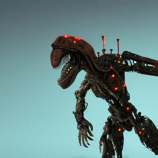 Prompt: still of a cyborg T-Rex on an alien planet, ruby eyes, robotic extended arms, 4k, film grain, 85mm