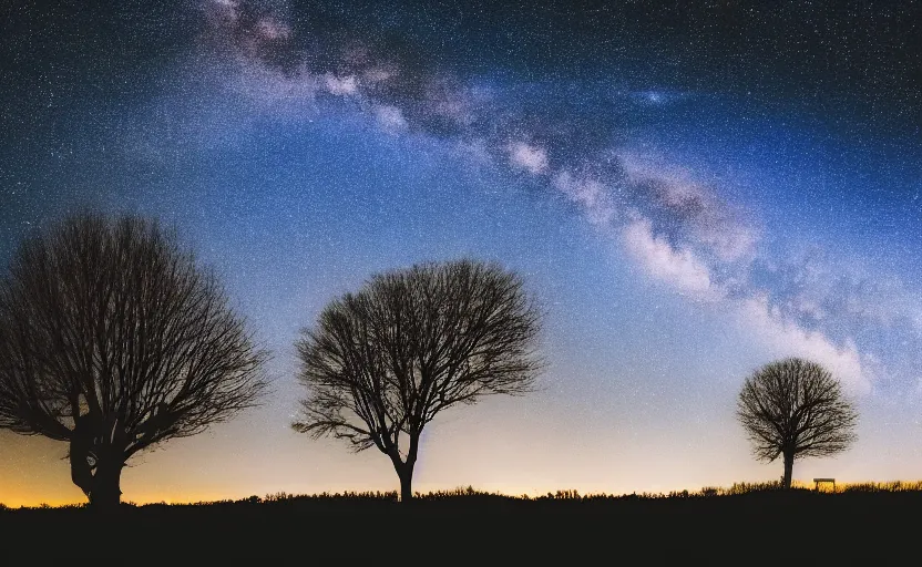 Image similar to night timelapse photography of many stars with a tree in foreground