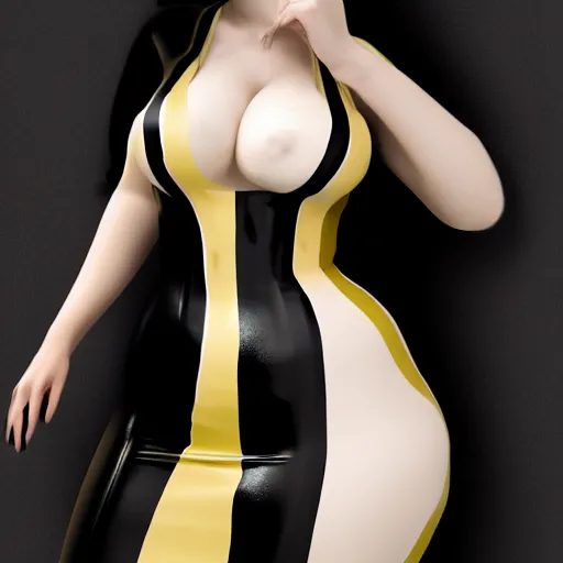 Image similar to a curvy pale hot young goth woman wearing an elegant modest tight shiny two-toned striped latex high-neck dress, cgsociety, photorealistic, sublime-cool-hyperadvanced-dark-amorous ambience, 16k, smooth, sharp focus, trending on ArtStation, volumetric lighting, fully clothed, thin waist