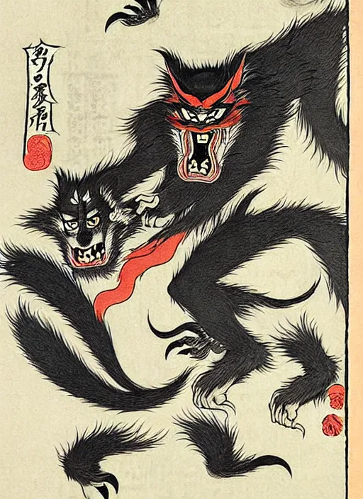 Image similar to a werewolf as a yokai illustrated by kawanabe kyosai and toriyama sekien