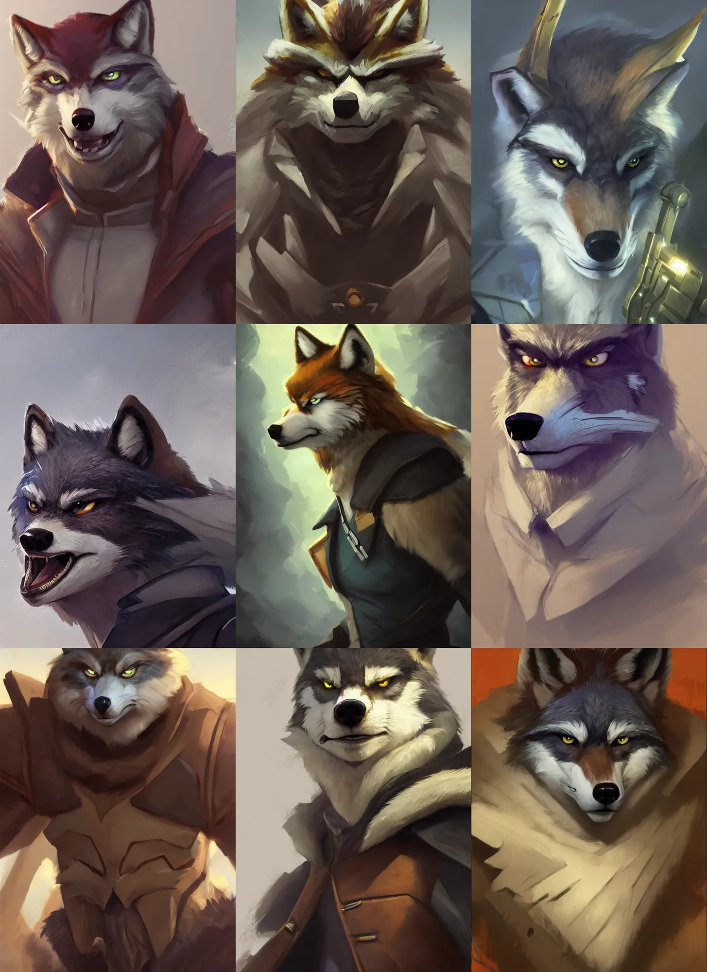 Prompt: a portrait of wolf o'donnell from star fox, eyepatch, artstation, greg rutkowski, gregory manchess, greg hildebrandt, concept art, furry furaffinity