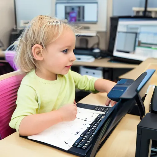 Prompt: a blonde toddler child baby girl working CAD computer drafting, civil engineer, sitting at a desk