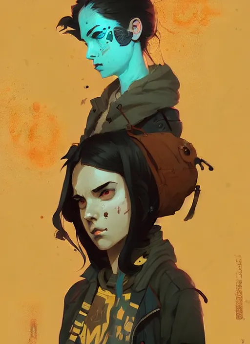 Image similar to highly detailed portrait of a moody sewerpunk young adult lady by atey ghailan, by greg rutkowski, by greg, tocchini, by james gilleard, by joe fenton, by kaethe butcher, gradient yellow, black, brown and cyan color scheme, grunge aesthetic!!! ( ( graffiti tag city background ) )