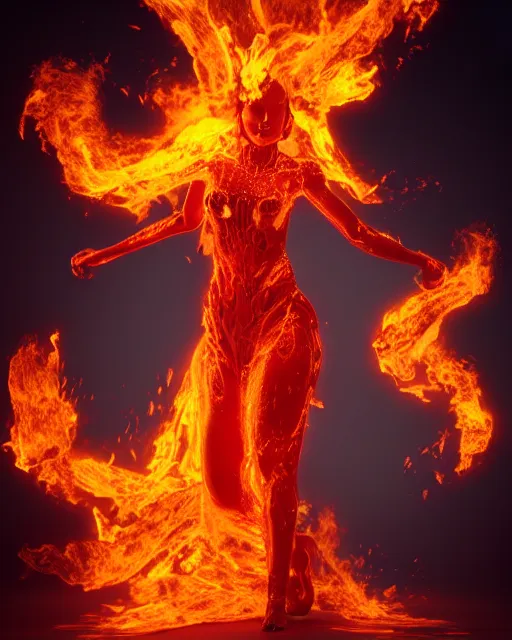 Image similar to female fire elemental wearing burning dress engulfed in large glowing flames, Alexander McQueen, Elden Ring, fashion photoshoot, artgerm, octane render, hyper realistic, extreme detail, trending on artstation