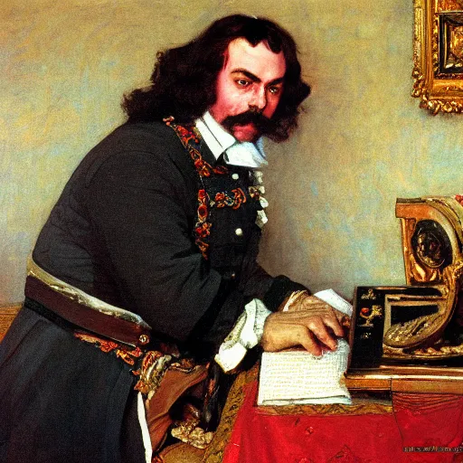 Prompt: russian tsar Peter The Great 18th century reinstalls operatins system on desktop computer by vasnetsov and surikov serov, JEAN-VICTOR BERTIN, by Terence Cuneo, detailed, artfully traced, 4k resolution, cinematic, dramatic