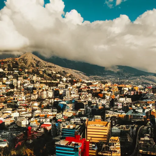 Image similar to City on a hillside, futuristic city on mountainside, red yellow and blue buildings, clouds on hill