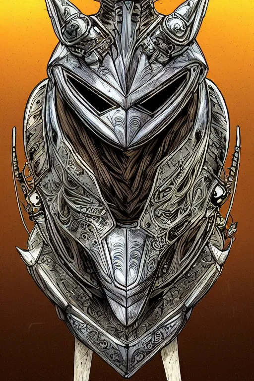 Image similar to armoured warrior, hummingbird helmet, symmetrical, highly detailed, digital art, themed armour, sharp focus, trending on art station, kentaro miura manga art style