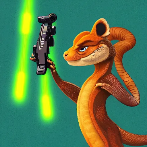 Image similar to “ komodo dragon in the style of zootopia holding laser gun, floating alone, with a black background, digital art, award winning, trending on art station, retro style ”