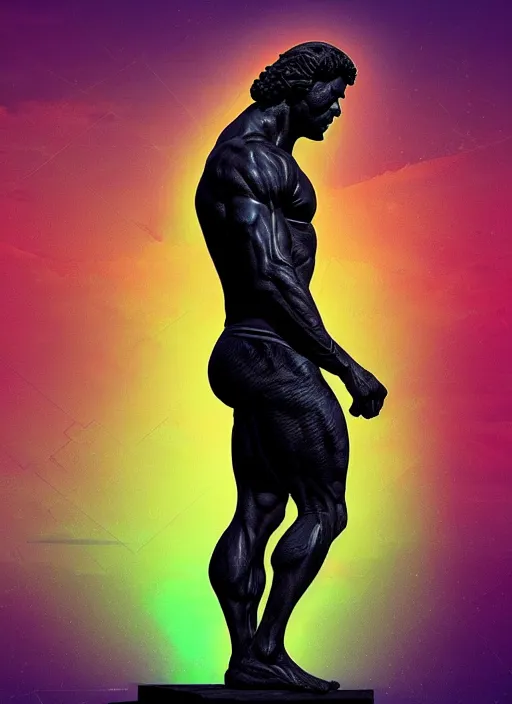 Image similar to statue of hercules, heroic, beeple, android jones, dan mumford, vaporwave, retrowave, black background, neon wiring, black, glitch, strong contrast, cuts, pinterest, trending on artstation