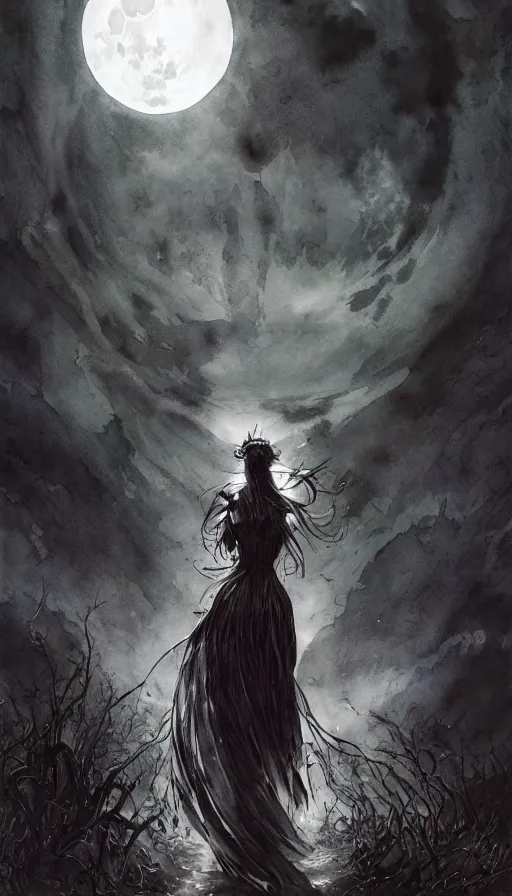 Image similar to book cover art, female dark witch from behind in front of the full big moon, watercolor, dramatic lighting, cinematic, establishing shot, extremely high detail, foto realistic, cinematic lighting, pen and ink, intricate line drawings, by Yoshitaka Amano, Ruan Jia, Kentaro Miura, Artgerm, post processed, concept art, artstation, matte painting, style by eddie mendoza, raphael lacoste, alex ross