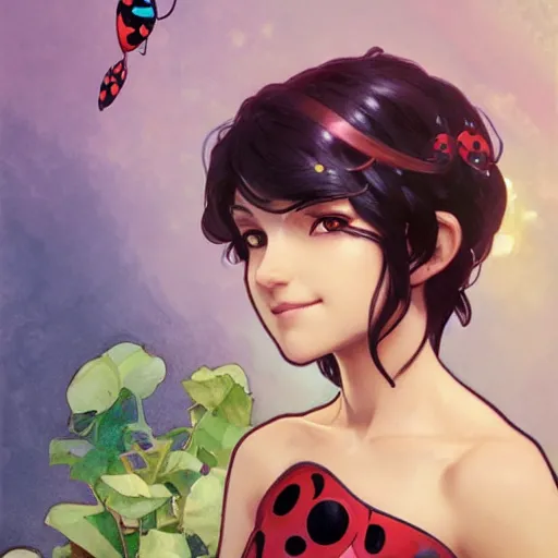 Image similar to Portrait of Marinette from Miraculous Ladybug. Art by Greg Rutkowski and Alphonse Mucha