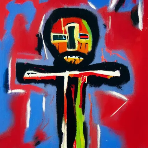 Image similar to oil painting of Jesus on the cross in the style of Basquiat, 8k