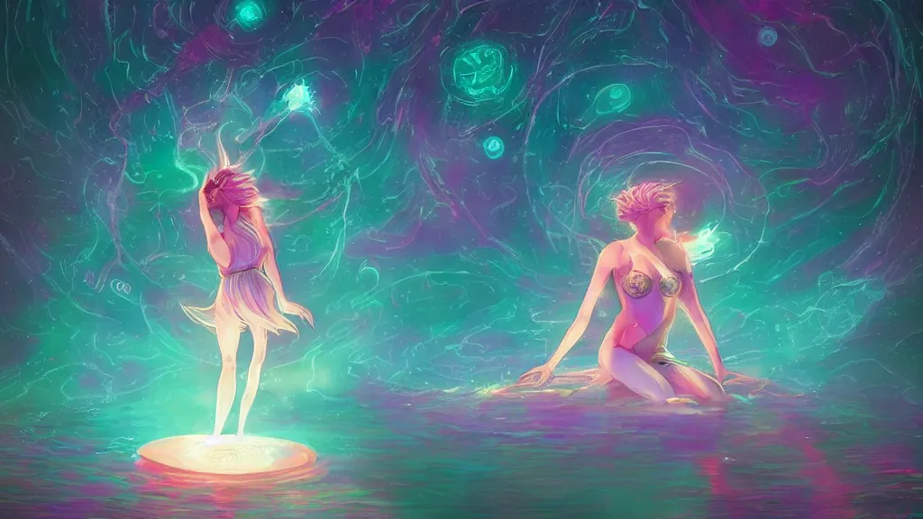 Image similar to a beautiful whimsical goddess floating above a lake basking in the moonlight, casting a spell, underneath a multi-colored binary blackhole with an accretion disc, glowing trails following her arms, acidwave, by Lois van Baarle, by Greg Rutkowski, by artgerm, by beeple, by studio ghibli, cinematic angle, volumetric lighting, 4k resolution, octane render, trending on artstation, masterpiece