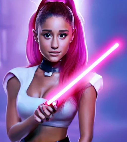 Image similar to A hyper realistic photo of Ariana Grande in the Star Wars universe with two pink lightsabers held in each hand. Maximum detail on artstation, photo realism, vivd details, vivd colour