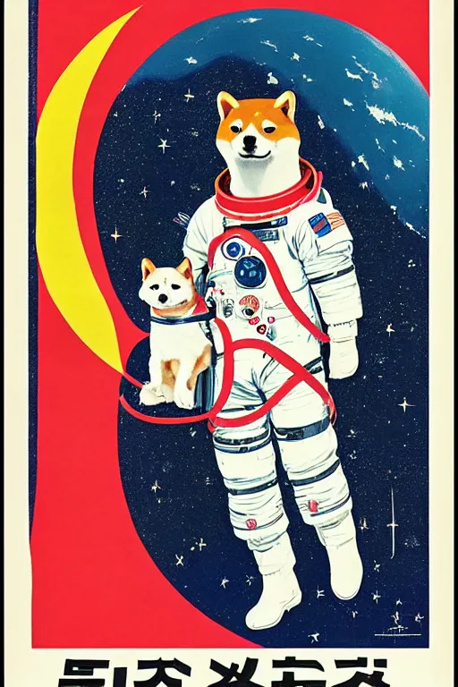 Image similar to Shiba Inu cosmonaut portrait, moon mission, 60s poster, 1968 Soviet Japanese