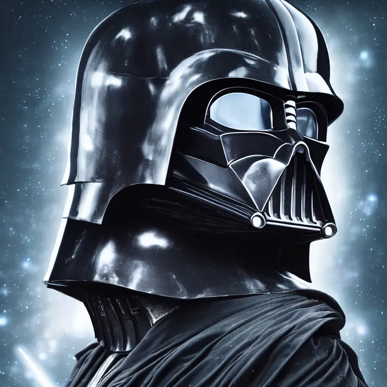 Image similar to cyberpunk darth vader from star wars, high quality portrait photoshoot, bokeh, studio lighting, high fashion photoshoot, nebula space background, 8 k