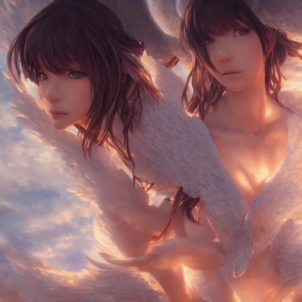 Image similar to an oil painting of a beautiful anime girl with angel wings, by artgerm, wlop and greg rutkowski, hd, hdr, ue 5, ue 6, unreal engine 5, cinematic 4 k wallpaper, 8 k, ultra detailed, high resolution, artstation, award winning