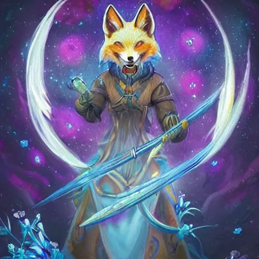 Prompt: a painted avatar portrait of an awesome cosmic powerful kitsune fox mage being themed around death and the stars and the cosmos, covered in flowers, holding an enchanted dagger, in the style of dnd beyond avatar portraits, beautiful, artistic, elegant, lens flare, magical, lens flare, nature, realism, stylized, art by jeff easley