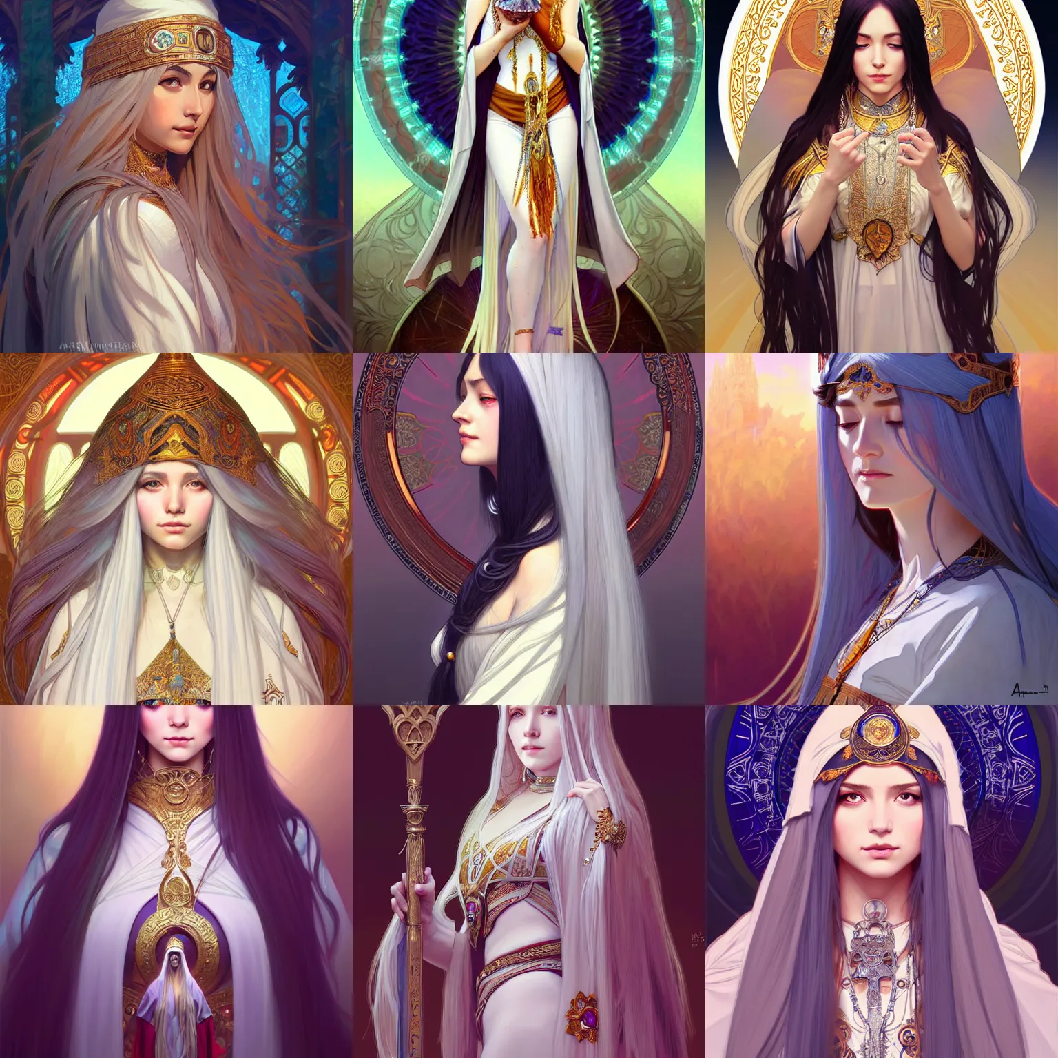 Prompt: A beautiful female priestess with long silver hair in traditional garbs, highly detailed, digital painting, artstation, concept art, smooth, sharp focus, illustration, art by artgerm and alphonse mucha, high definition digital art, in the style of Ross tran and ilya kuvshinov