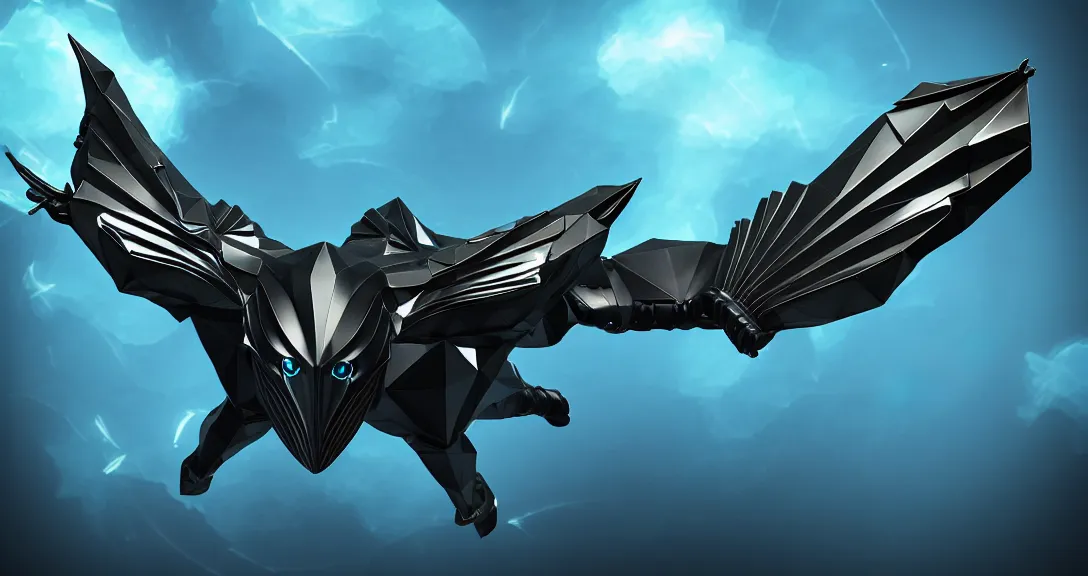 Prompt: flying enigmatic creature wearing military grade low-poly carbon plate, water-cooled armor, glistening, sleek finish, elaborate detail, dual-core hydraulic units, bullet-proof, floating island backdrop, 4k, high quality photo, 33mm